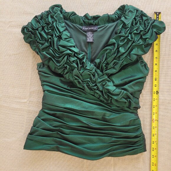 Emerald Green V Neck Bodycon Top. Back Zipper. 6. Cachet. - Picture 3 of 16